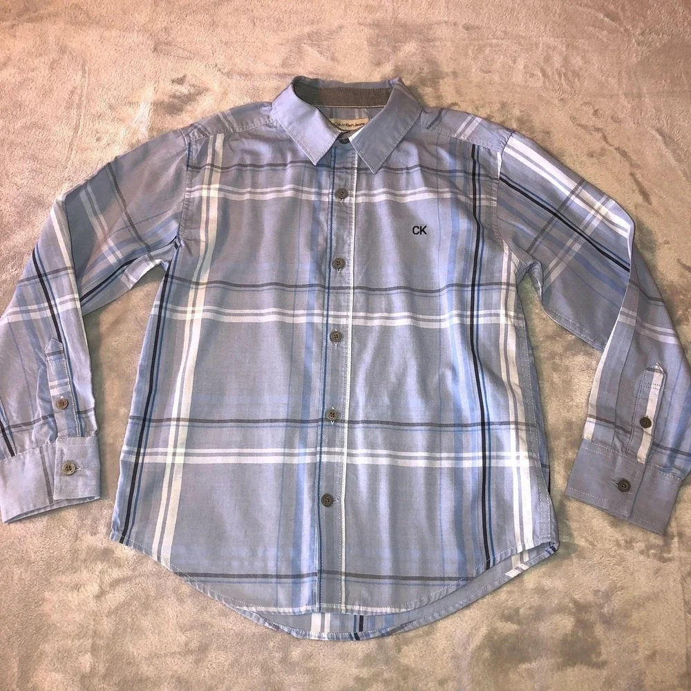 Calvin Klein Jeans Shirt Boys Size 8 Blue Plaid Button Up Long Sleeve CK Logo